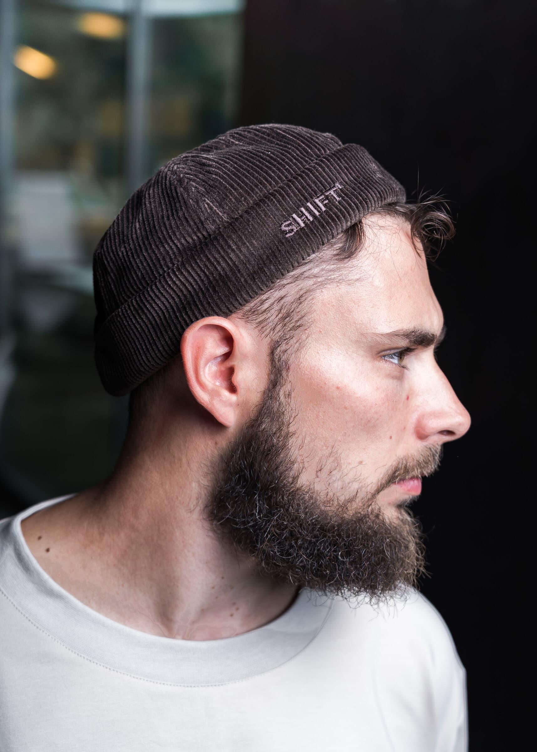 Dark corduroy docker cap with SHIFT embroidery